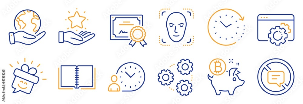 Set of Technology icons, such as Stop talking, Gears. Certificate, save planet. Face detection, Book, Loyalty program. Time change, Seo gear, Time management. Bitcoin coin, Smile line icons. Vector Set of Technology icons, such as Stop talking, Gears. Certificate, save planet. Face detection, Book, Loyalty program. Time change, Seo gear, Time management. Bitcoin coin, Smile line icons. Vector