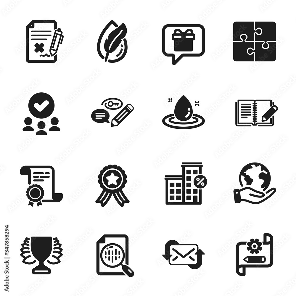 Set of Business icons, such as Winner, Fuel energy. Certificate, approved group, save planet. Analytics chart, Wish list, Feedback. Loan house, Cogwheel blueprint, Puzzle. Vector Set of Business icons, such as Winner, Fuel energy. Certificate, approved group, save planet. Analytics chart, Wish list, Feedback. Loan house, Cogwheel blueprint, Puzzle. Vector
