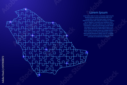 Saudi Arabia map from blue pattern from composed puzzles and glowing space stars. Vector illustration.
