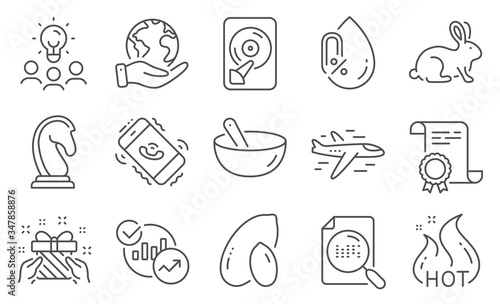 Set of Business icons, such as Statistics, Gift. Diploma, ideas, save planet. Animal tested, Search file, Call center. No alcohol, Airplane, Hot sale. Cooking mix, Peanut, Marketing strategy. Vector