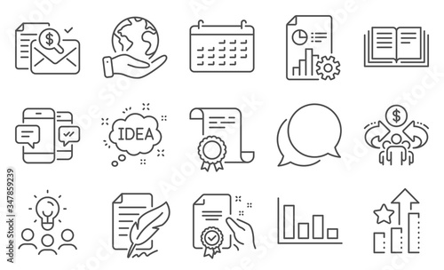 Set of Education icons, such as Chat message, Certificate. Diploma, ideas, save planet. Ranking stars, Education, Sharing economy. Calendar, Accounting report, Histogram. Vector