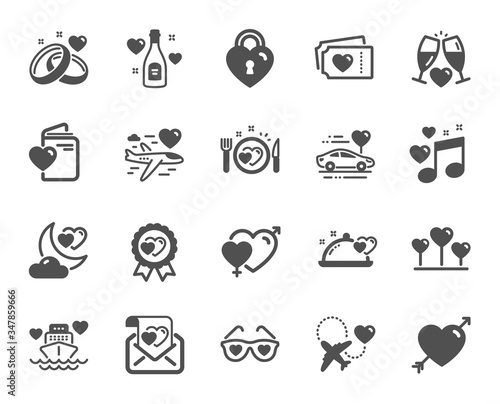 Honeymoon icons. Wedding car, marriage rings, love. Bridal champagne, Valentine heart icons. Couple tickets, honeymoon travel, married night. Wedding music, love lock. Quality design element. Vector