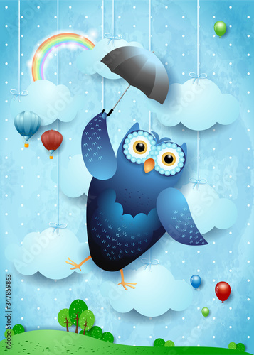Fantasy landscape with funny flying owl and umbrella