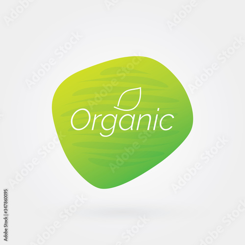 Organic food icon with leaf. Green vector sign. Illustration symbol for product, sticker, logo, label, healthy eating, design, menu, diet