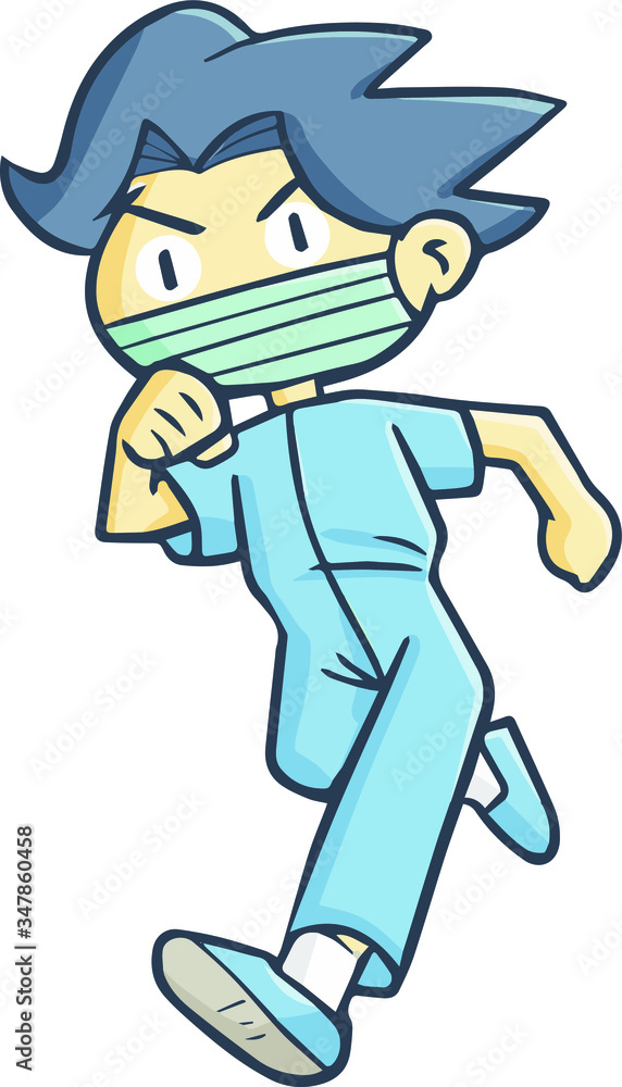 Cute and funny young doctor running wearing face mask