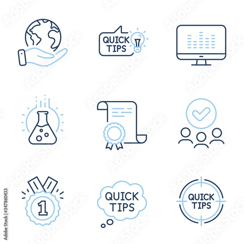 Chemistry lab, Quick tips and Approved line icons set. Diploma certificate, save planet, group of people. Tips, Music making and Education idea signs. Laboratory, Helpful tricks, Winner badge. Vector