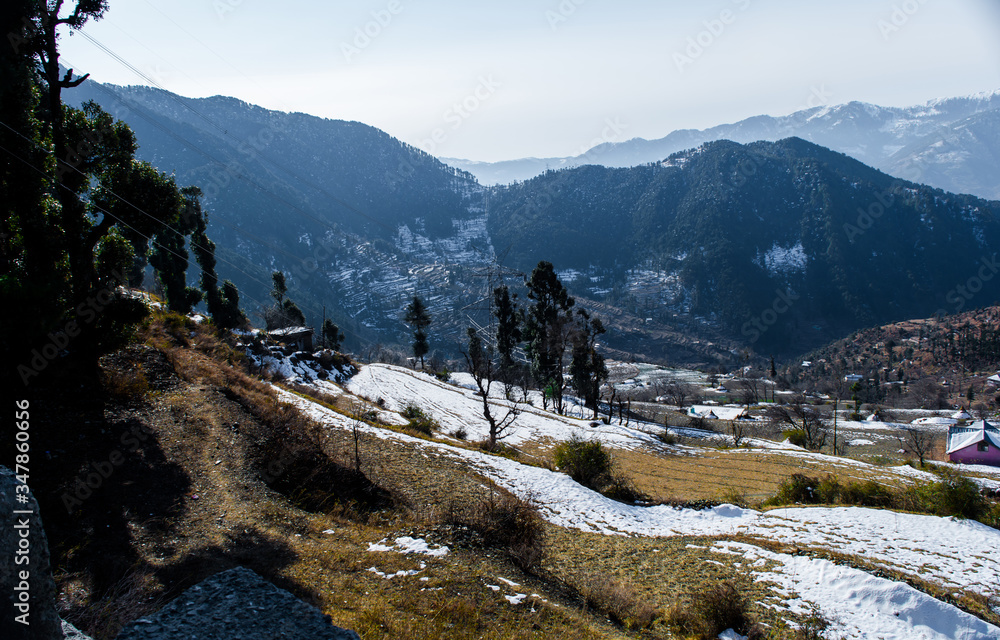 Patnitop a city of Jammu and its park covered with white snow, Winter landscape
