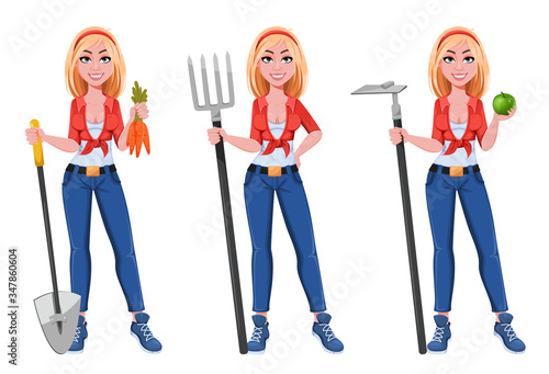 Happy smiling farm girl, set of three poses