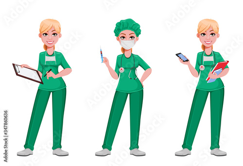 Beautiful woman doctor, set of three poses