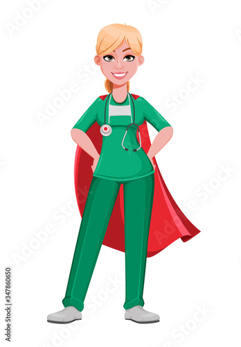 Beautiful woman doctor wearing superhero cloak