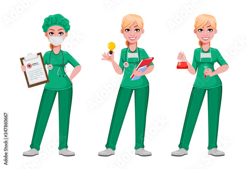 Beautiful woman doctor, set of three poses