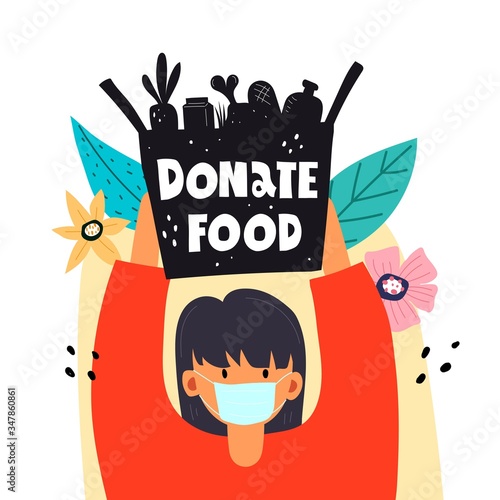 donate food. girl holds a box of food.  hand drawing lettering,decorative elements. Colorful vector illustration, flat style. design for card, print, poster, cover. 