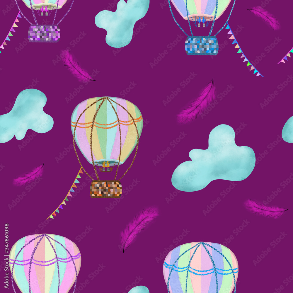 colorful hot air balloons, blue clouds and pink feathers on violet background. Seamless pattern. Travel, postcard, poster, fairytale, kids room, print, packaging, wallpaper, textile design colorful hot air balloons, blue clouds and pink feathers on violet background. Seamless pattern. Travel, postcard, poster, fairytale, kids room, print, packaging, wallpaper, textile design