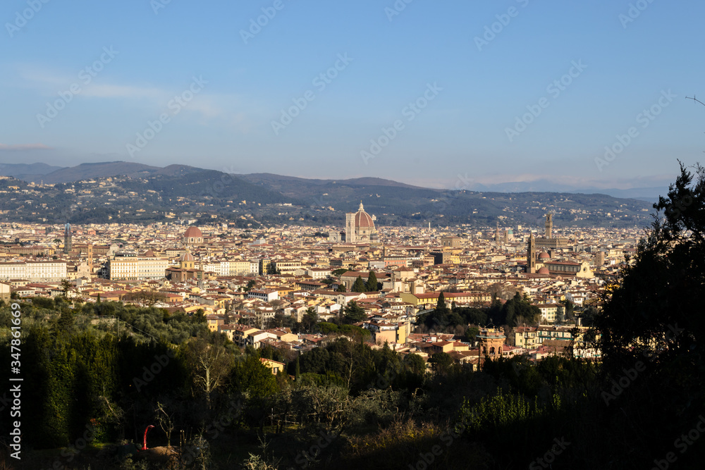Wide panoramic view of the city of Florence seen from the hills just outside the city in the Bellosguardo neighborhood