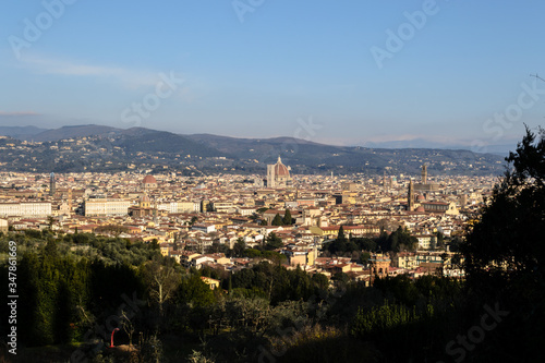 Wide panoramic view of the city of Florence seen from the hills just outside the city in the Bellosguardo neighborhood
