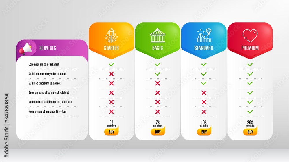 Roller coaster, Heart and Carousels line icons set. Pricing table, price list. Fireworks sign. Attraction park, Love, Christmas pyrotechnic. Holidays set. Vector Roller coaster, Heart and Carousels line icons set. Pricing table, price list. Fireworks sign. Attraction park, Love, Christmas pyrotechnic. Holidays set. Vector
