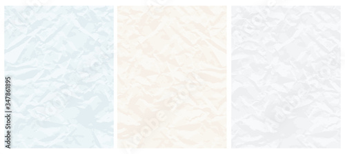 Set o 3 Abstract Geometric Vector Layouts. Pastel Color Crumpled Paper Layers. Pale Blue, Beige and Light Gray Backgrounds. Simple Creative Creased Paper Design. No Text.