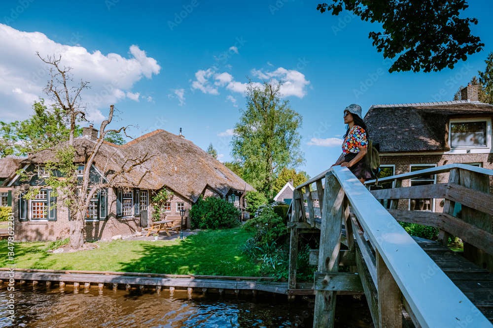 GIETHOORN, NETHERLANDS,view of typical houses of Giethoorn on May 2020