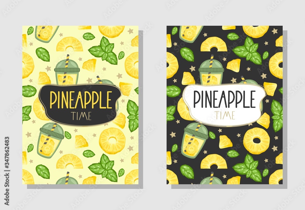 Fototapeta premium A set of postcards. Fresh pineapple, leaves, flowers and slices. Manual calligraphy of the 