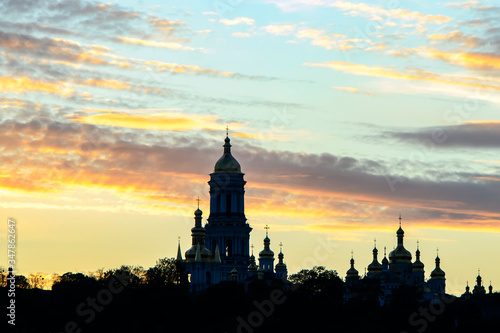 Panorama sunset view of Kyiv Pechersk Lavra, orthodox monastery included in UNESCO world heritage list in Kyiv, Ukraine.