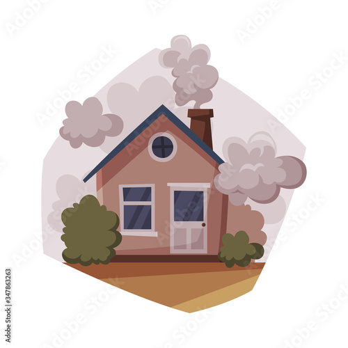 Stampa su tela Cottage with Smoke Coming out from Chimney, Ecological Problem, Air Pollution Ve