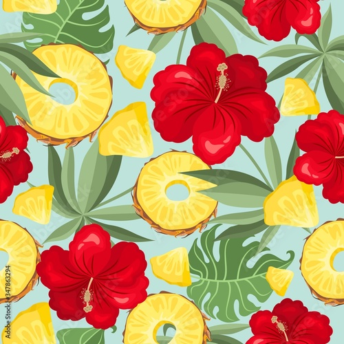 Seamless pattern with fresh pineapple  flowers  leaves and berries. Vector illustration. Printing on fabric  paper  postcards  invitations.