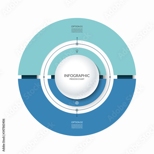 Infographic circular chart divided into 2 parts. Step-by step cycle diagram with two options designed for report, presentation, data visualization.