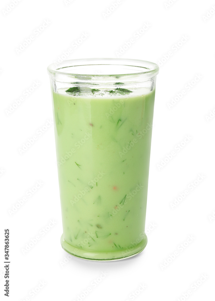 Glass with cold cucumber soup on white background Glass with cold cucumber soup on white background