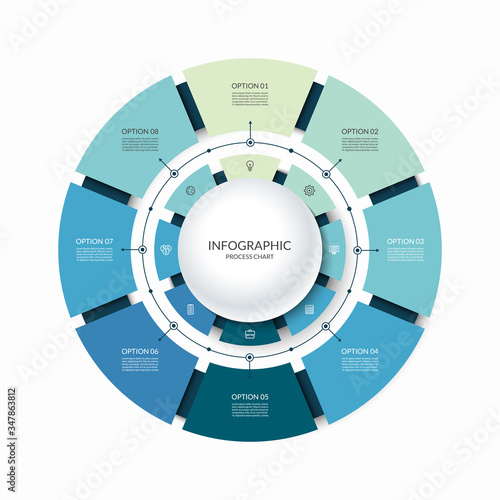 Infographic circular chart divided into 8 parts. Step-by step cycle diagram with eight options designed for report, presentation, data visualization.