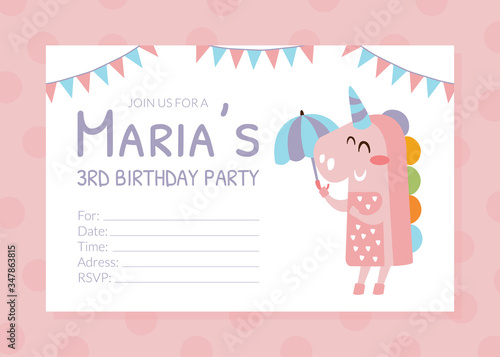 Birthday Party Pink Invitation Card, Flyer Template with Cute Lovely Unicron Animal Vector Illustration