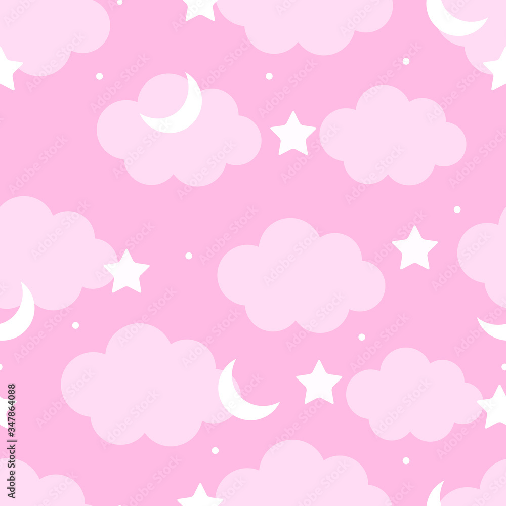 Obraz Seamless pattern Cloud and star on the pink background Cute cartoon style design Use for fabric, textile, publication Vector illustration