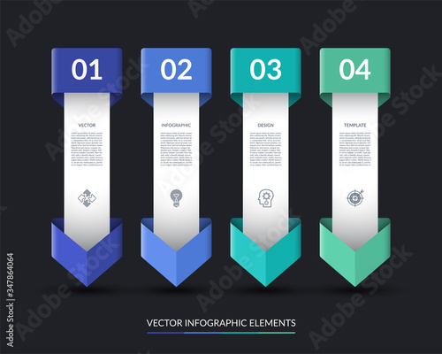 Infographic banner with 4 arrows pointing down. Can be used for diagram, graph, chart, report, web design. Vector illustration
