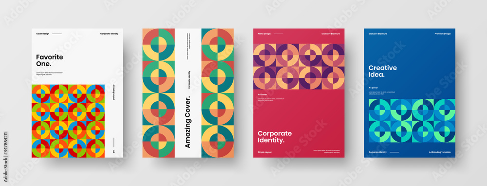 Company identity brochure template collection. Business presentation vector A4 vertical orientation front page mock up set. Corporate report cover abstract geometric illustration design layout bundle.