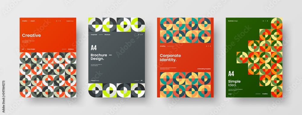 Company identity brochure template collection. Business presentation vector A4 vertical orientation front page mock up set. Corporate report cover abstract geometric illustration design layout bundle.