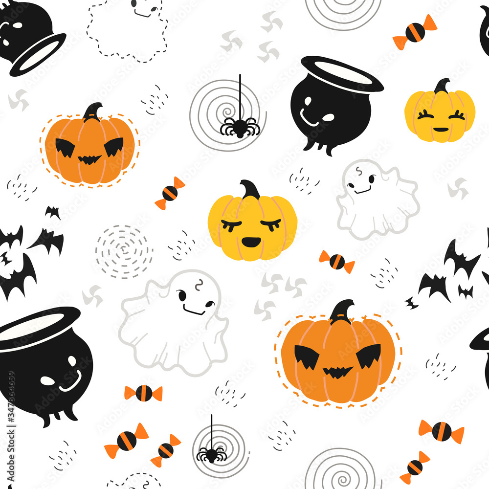 Seamless pattern for Halloween with pumpkin and decorative elements of Halloween-themed in a flat style, for a gift wrap, textiles or holiday decoration. Seamless pattern for Halloween with pumpkin and decorative elements of Halloween-themed in a flat style, for a gift wrap, textiles or holiday decoration.