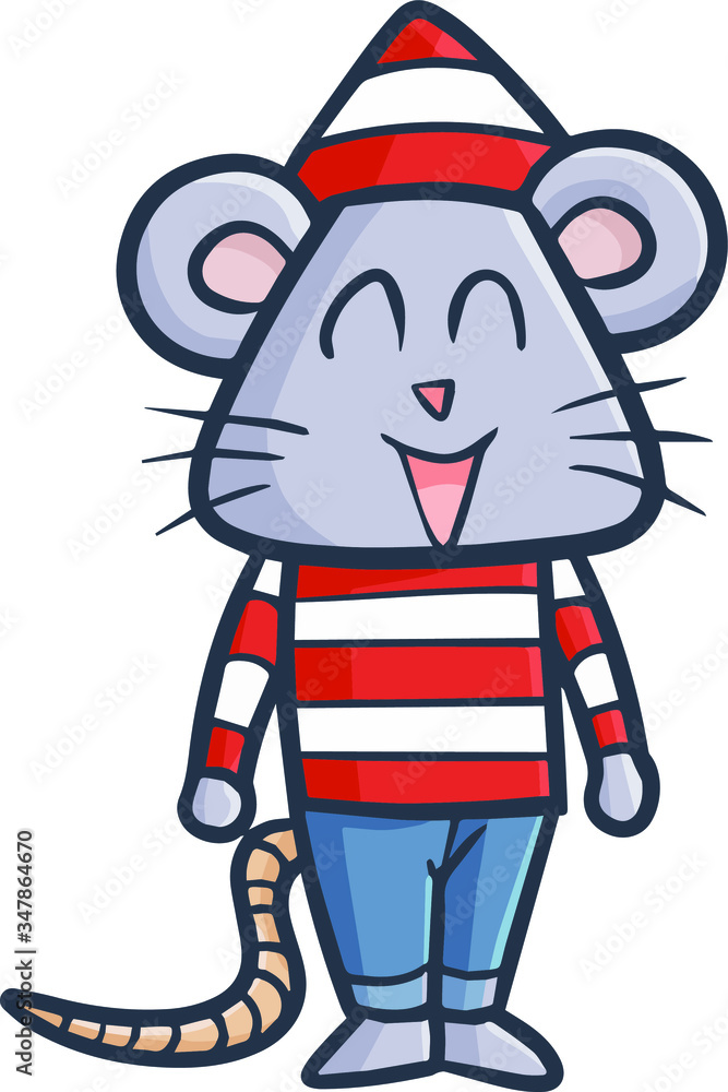 Cute and funny mouse wearing red white stripes shirt smiling happily