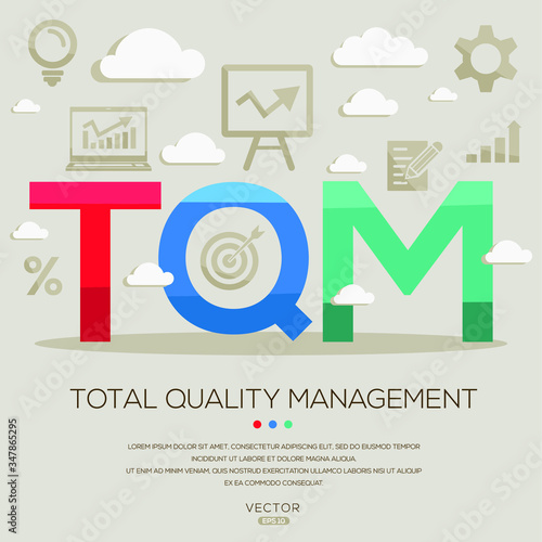TQM (total quality management), letters and icons. Vector illustration.