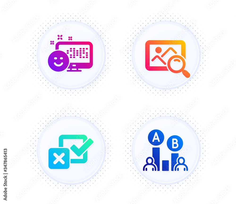 Smile, Checkbox and Search photo icons simple set. Button with halftone dots. Ab testing sign. Positive feedback, Survey choice, Find image. Test chart. Business set. Gradient flat smile icon. Vector Smile, Checkbox and Search photo icons simple set. Button with halftone dots. Ab testing sign. Positive feedback, Survey choice, Find image. Test chart. Business set. Gradient flat smile icon. Vector
