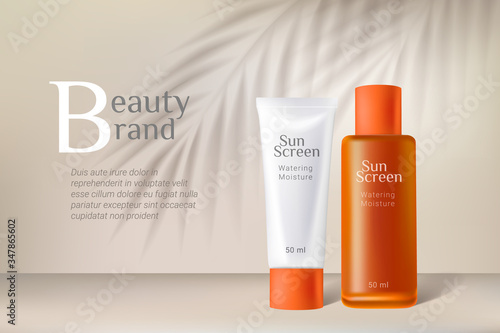 Cosmetic sunscreen bottles. Premium ads.