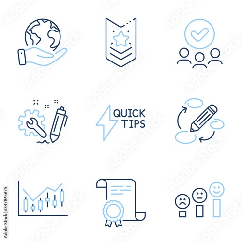 Shoulder strap, Engineering and Quickstart guide line icons set. Diploma certificate, save planet, group of people. Keywords, Customer satisfaction and Financial diagram signs. Vector