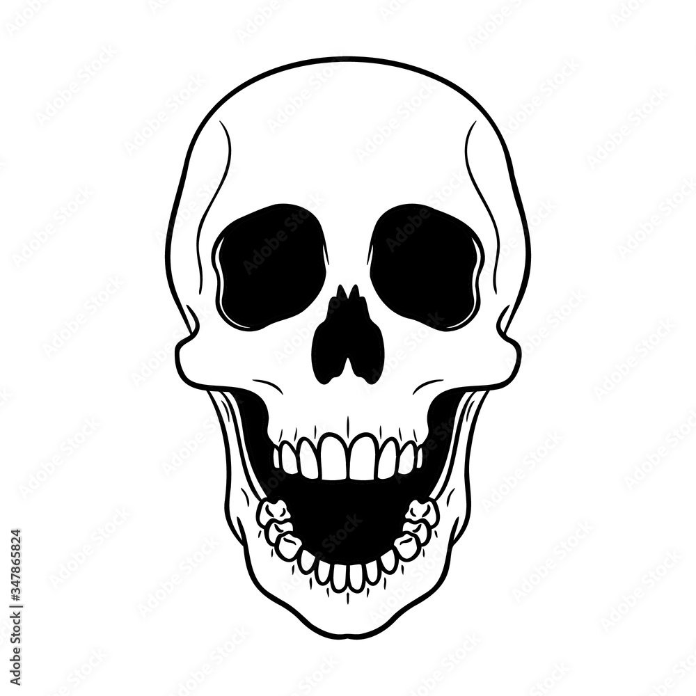 Fototapeta premium terrible skull with a gaping mouth that screams. white and black, isolated, comic, illustration.