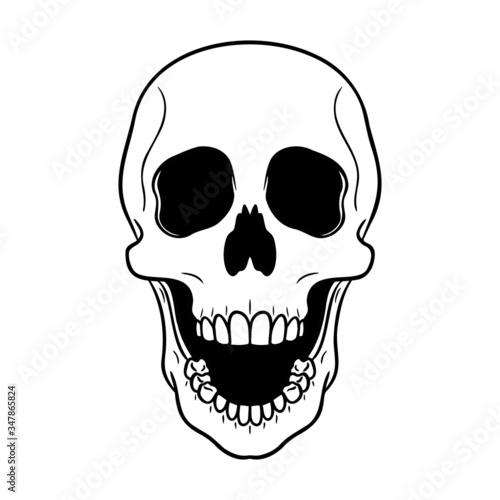 terrible skull with a gaping mouth that screams. white and black, isolated, comic, illustration.