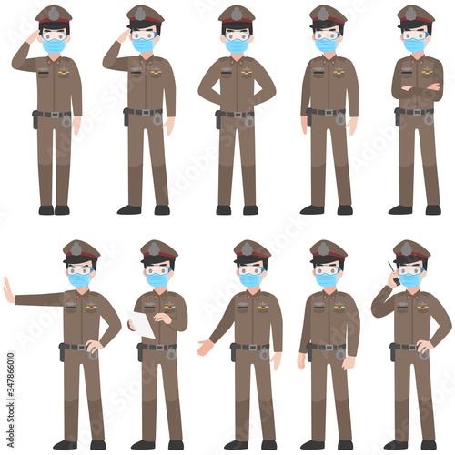 Set of Thai police in brown uniform with New normal life wearing a surgical protective Medical mask and goggles for prevent coronavirus. character pose front side turn around cartoon, Health care.