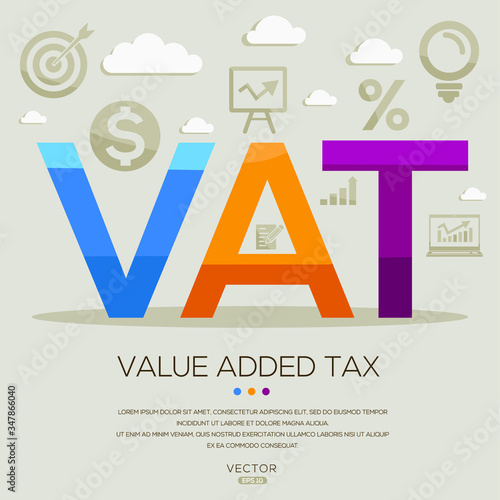 VAT (value added tax), letters and icons. Vector illustration.