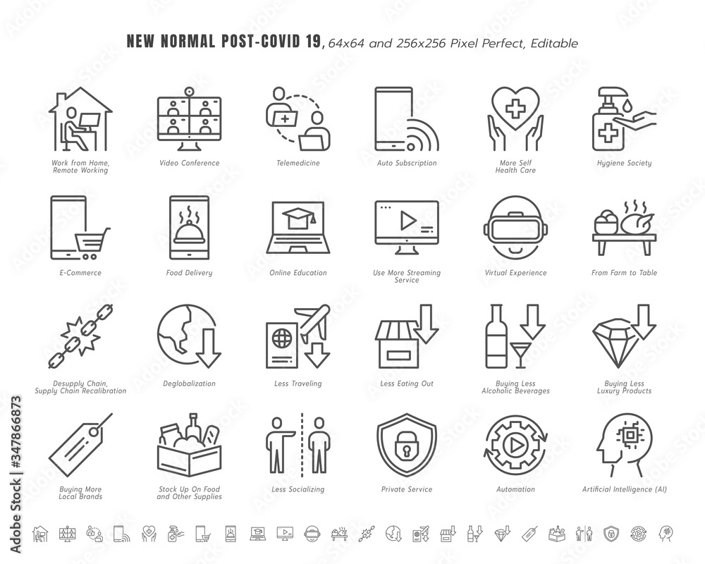 Simple Set of New Normal After Coronavirus 2019 or Covid-19 Ends Related. Such as Streaming, Online Shopping, Supply Recalibration. Line Outline Icons Vector. 64x64 Pixel Perfect. Editable Stroke.