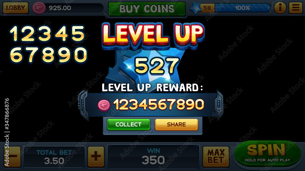 Level up screen for slot game. Vector illustration Level up screen for slot game. Vector illustration