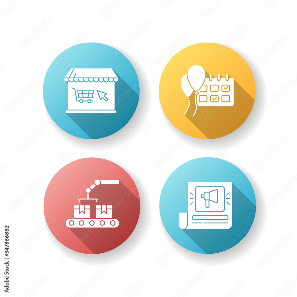 Social media store flat design long shadow glyph icons set. Online shopping. Event planning. Production of merchandise. Products on conveyor belt. Calender check. Silhouette RGB color illustration Social media store flat design long shadow glyph icons set. Online shopping. Event planning. Production of merchandise. Products on conveyor belt. Calender check. Silhouette RGB color illustration