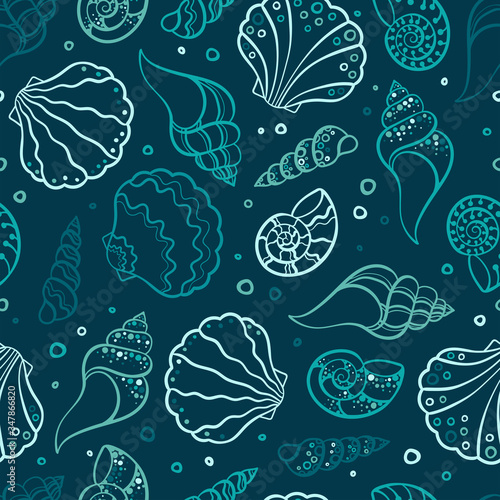 Fresh colorful seamless pattern with various shells, clams and snails - vibrant under water background, great for ocean themes, beach fabrics, summer textiles or background, wallpapers - vector