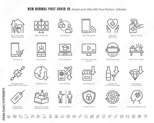 Simple Set of New Normal After Coronavirus 2019 or Covid-19 Ends Related. Such as Streaming, Online Shopping, Supply Recalibration. Line Outline Icons Vector. 64x64 Pixel Perfect. Editable Stroke.