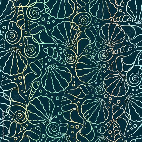 Fresh colorful seamless pattern with various shells, clams and snails - vibrant under water background, great for ocean themes, beach fabrics, summer textiles or background, wallpapers - vector